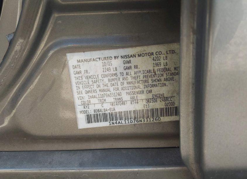 Photo 9 of 2006 Nissan Altima 2.5 S (VIN 1N4AL11D76N331260)