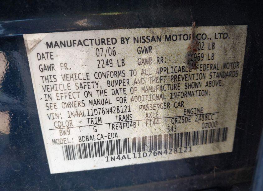 Photo 9 of 2006 Nissan Altima 2.5 S (VIN 1N4AL11D76N428121)