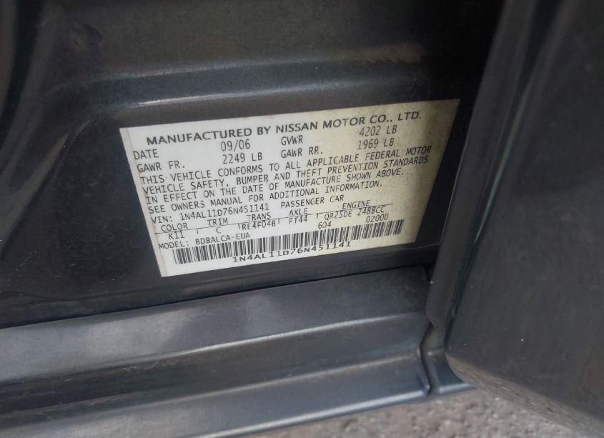 Photo 9 of 2006 Nissan Altima 2.5 S (VIN 1N4AL11D76N451141)