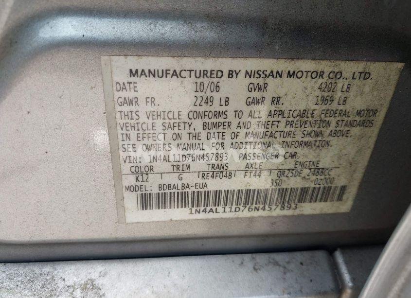 Photo 9 of 2006 Nissan Altima 2.5 S (VIN 1N4AL11D76N457893)