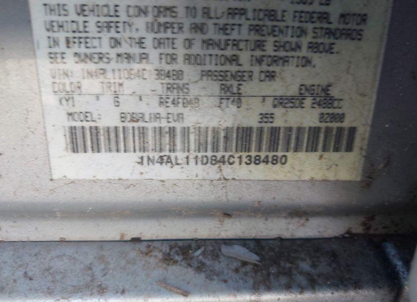 Photo 9 of 2004 Nissan Altima 2.5 S (VIN 1N4AL11D84C138480)