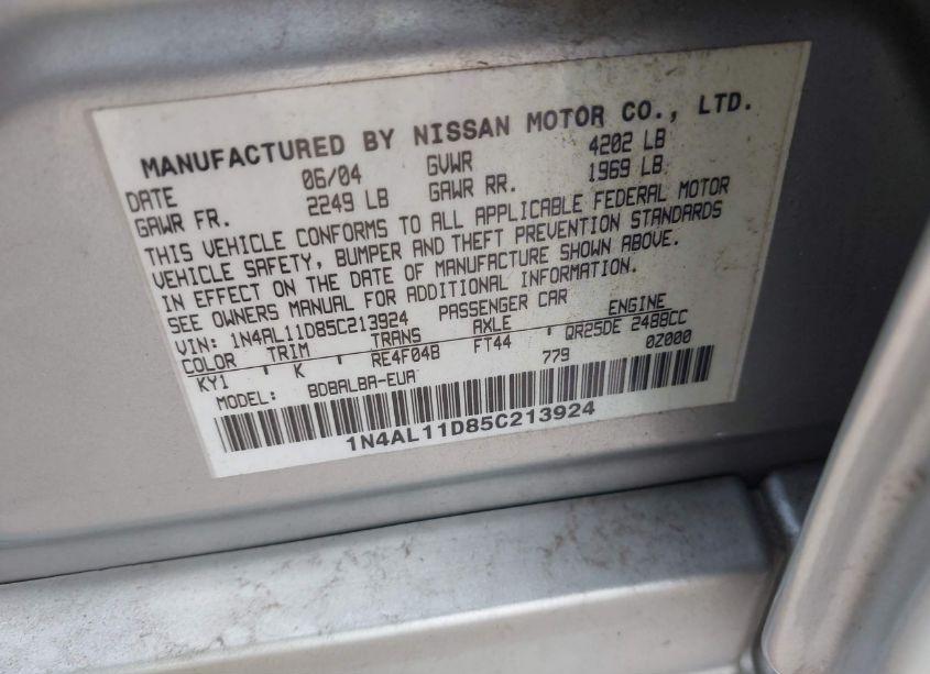 Photo 9 of 2005 Nissan Altima 2.5 S (VIN 1N4AL11D85C213924)