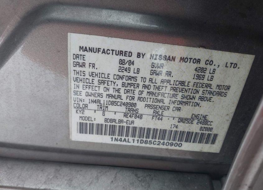 Photo 9 of 2005 Nissan Altima 2.5 S (VIN 1N4AL11D85C240900)