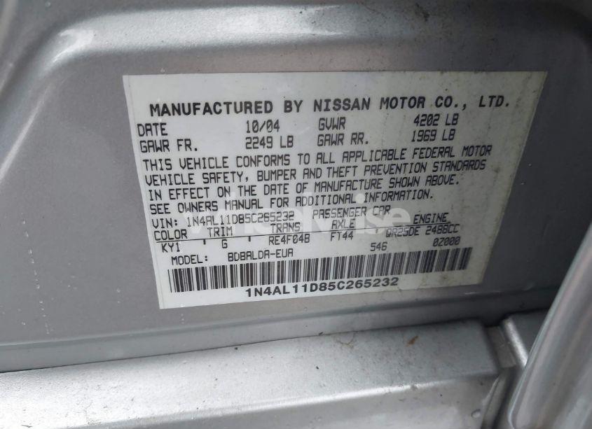Photo 9 of 2005 Nissan Altima 2.5 S (VIN 1N4AL11D85C265232)