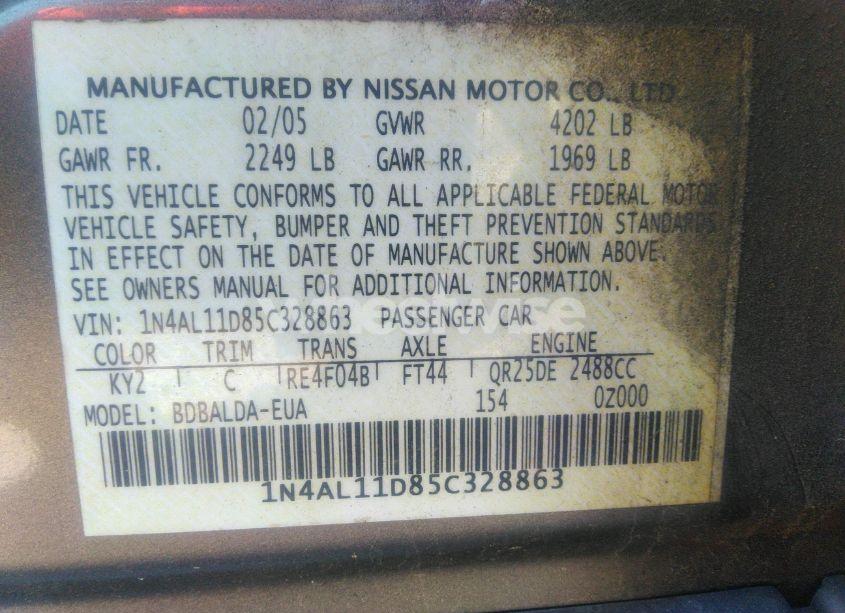 Photo 9 of 2005 Nissan Altima 2.5 S (VIN 1N4AL11D85C328863)