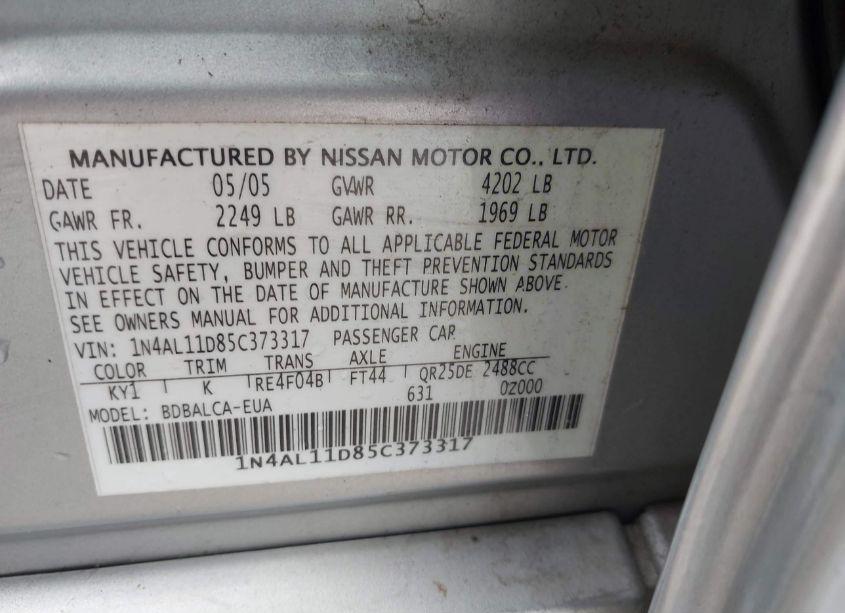 Photo 9 of 2005 Nissan Altima 2.5 S (VIN 1N4AL11D85C373317)
