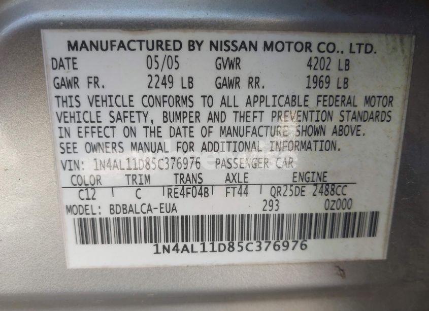 Photo 9 of 2005 Nissan Altima 2.5 S (VIN 1N4AL11D85C376976)