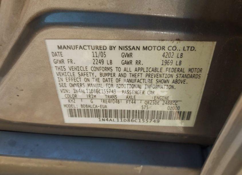 Photo 9 of 2006 Nissan Altima 2.5 S (VIN 1N4AL11D86C155749)