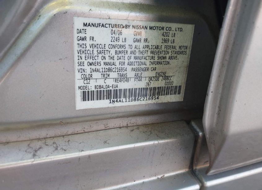 Photo 9 of 2006 Nissan Altima 2.5 S (VIN 1N4AL11D86C216954)