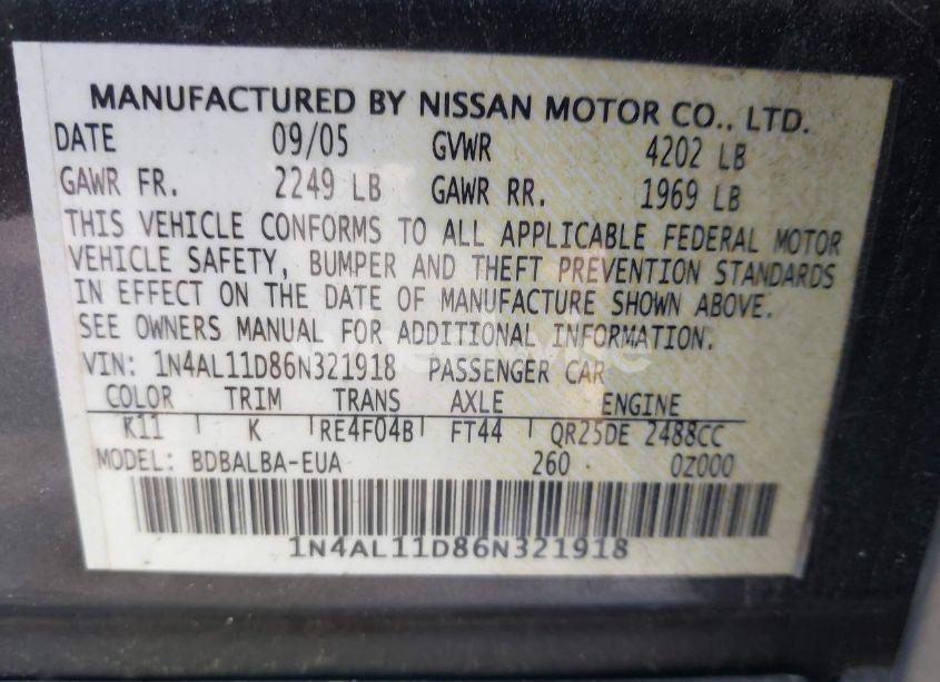 Photo 9 of 2006 Nissan Altima 2.5 S (VIN 1N4AL11D86N321918)