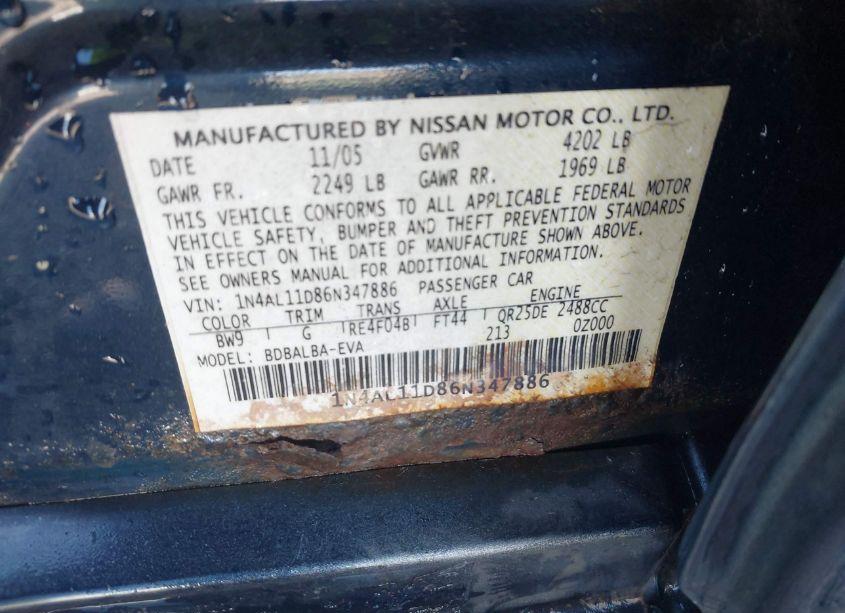 Photo 9 of 2006 Nissan Altima S/SL (VIN 1N4AL11D86N347886)