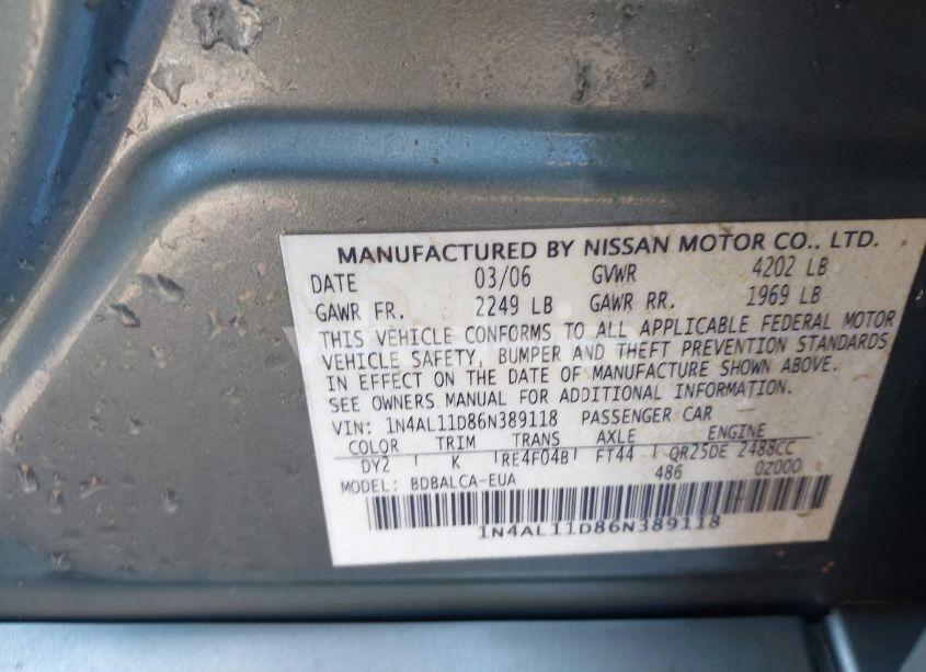 Photo 9 of 2006 Nissan Altima 2.5 S (VIN 1N4AL11D86N389118)