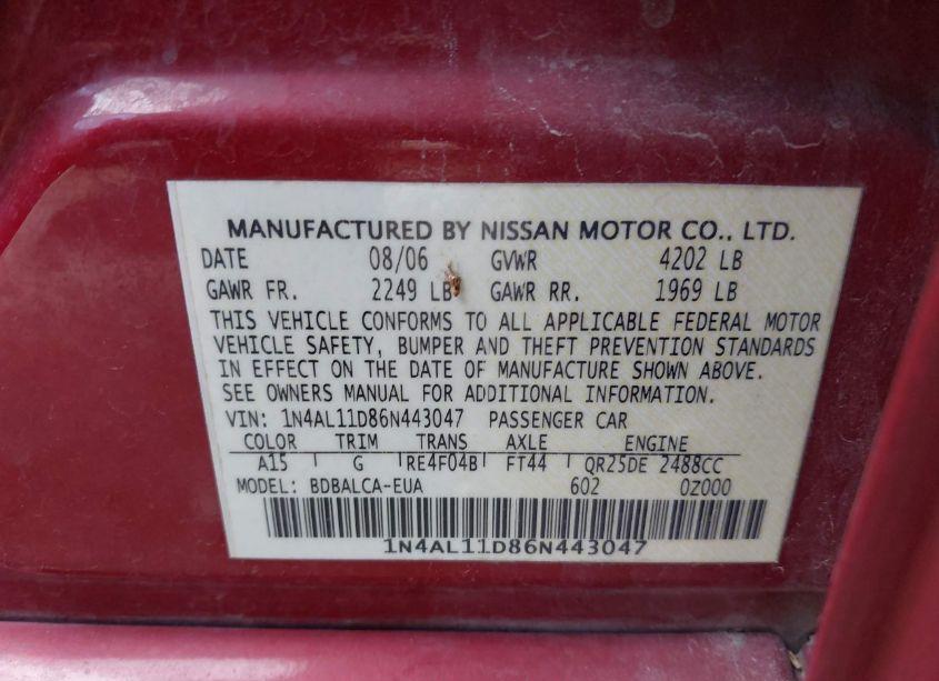 Photo 9 of 2006 Nissan Altima 2.5 S (VIN 1N4AL11D86N443047)