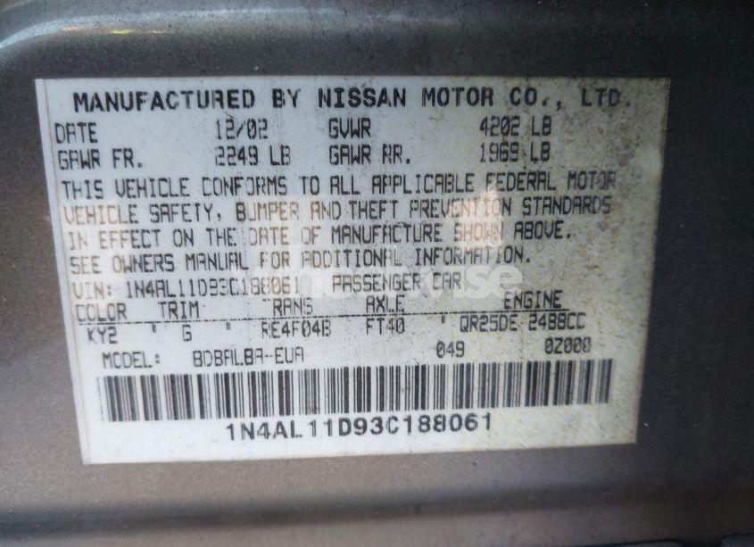 Photo 9 of 2003 Nissan Altima 2.5 S (VIN 1N4AL11D93C188061)
