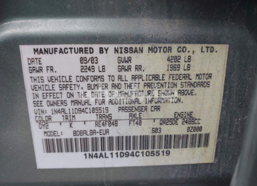 Photo 9 of 2004 Nissan Altima 2.5 S (VIN 1N4AL11D94C105519)