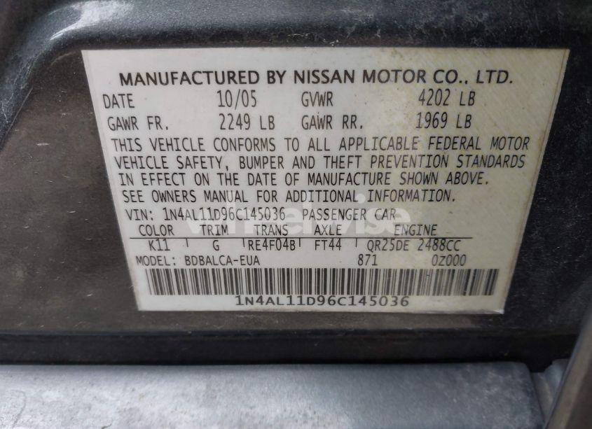 Photo 9 of 2006 Nissan Altima 2.5 S (VIN 1N4AL11D96C145036)
