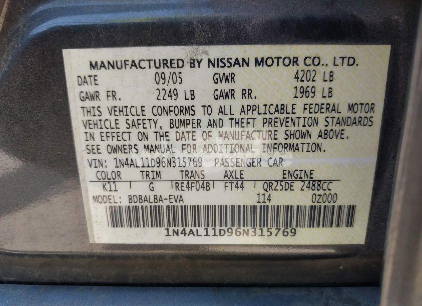 Photo 9 of 2006 Nissan Altima 2.5 S (VIN 1N4AL11D96N315769)