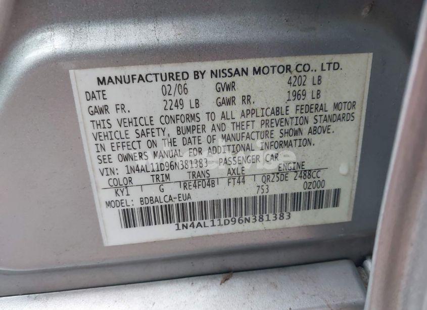 Photo 9 of 2006 Nissan Altima 2.5 S (VIN 1N4AL11D96N381383)