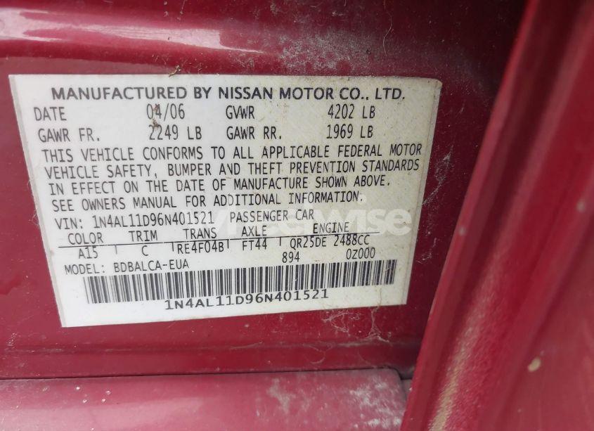 Photo 9 of 2006 Nissan Altima 2.5 S (VIN 1N4AL11D96N401521)