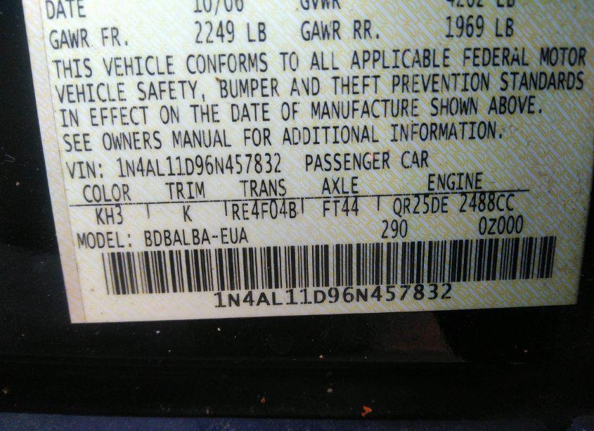 Photo 9 of 2006 Nissan Altima 2.5 S (VIN 1N4AL11D96N457832)