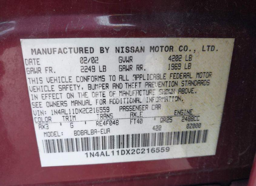 Photo 9 of 2002 Nissan Altima 2.5 SL (VIN 1N4AL11DX2C216559)