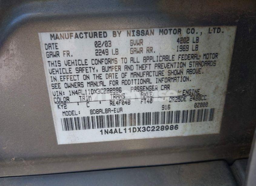 Photo 9 of 2003 Nissan Altima 2.5 SL (VIN 1N4AL11DX3C228986)