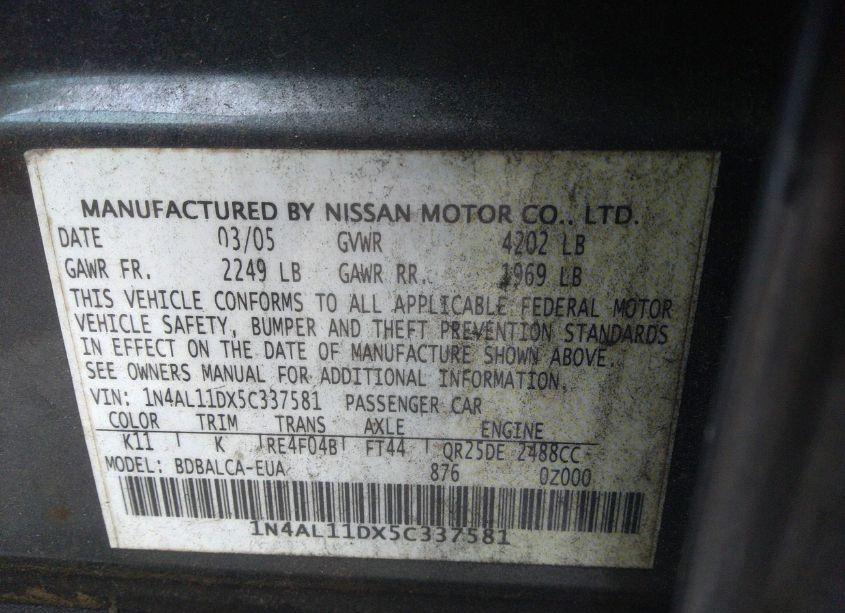 Photo 9 of 2005 Nissan Altima 2.5 S (VIN 1N4AL11DX5C337581)