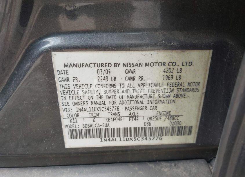 Photo 9 of 2005 Nissan Altima 2.5 S (VIN 1N4AL11DX5C345776)