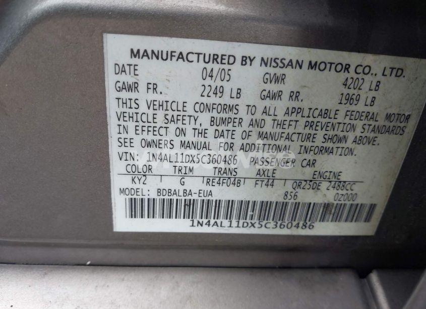 Photo 9 of 2005 Nissan Altima 2.5 S (VIN 1N4AL11DX5C360486)