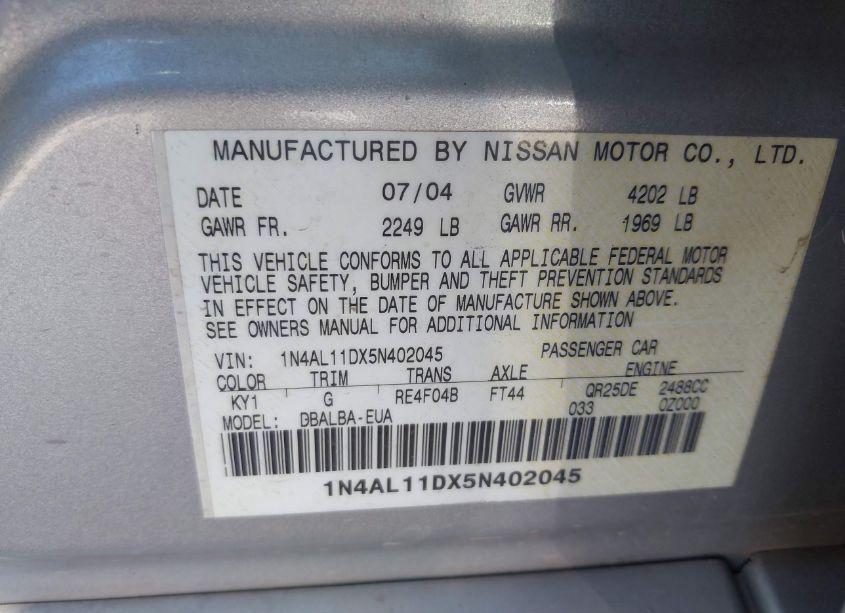 Photo 9 of 2005 Nissan Altima 2.5 S (VIN 1N4AL11DX5N402045)