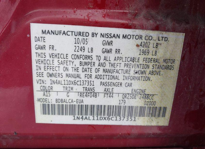 Photo 9 of 2006 Nissan Altima 2.5 S (VIN 1N4AL11DX6C137351)