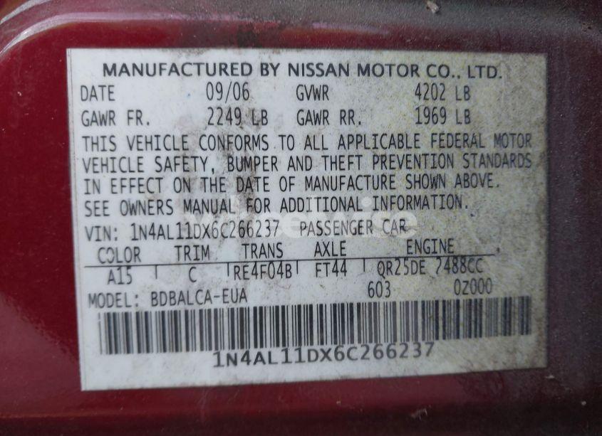 Photo 9 of 2006 Nissan Altima 2.5 S (VIN 1N4AL11DX6C266237)