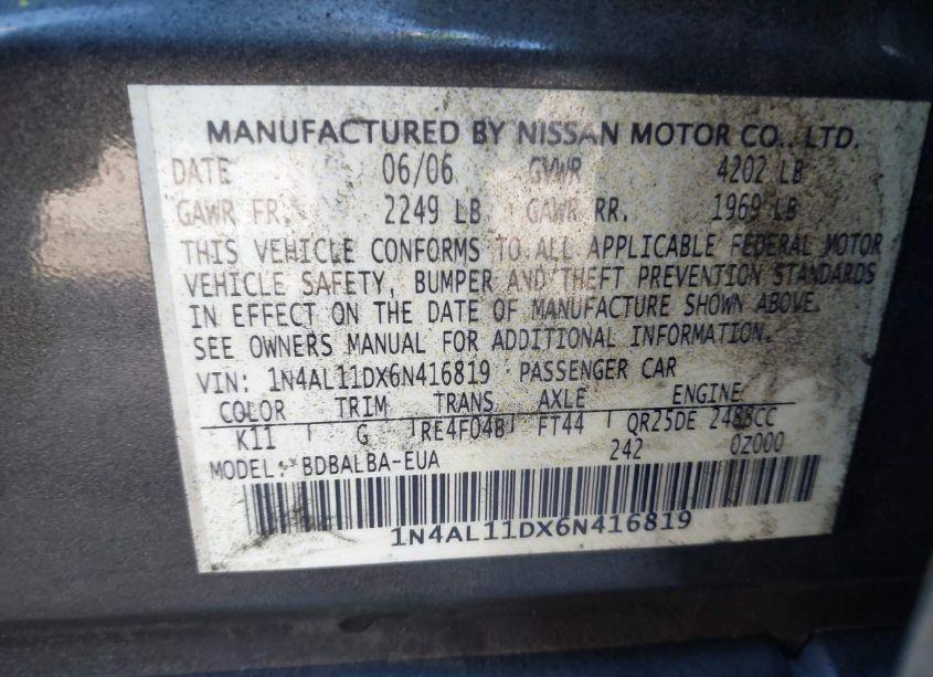 Photo 9 of 2006 Nissan Altima 2.5 S (VIN 1N4AL11DX6N416819)
