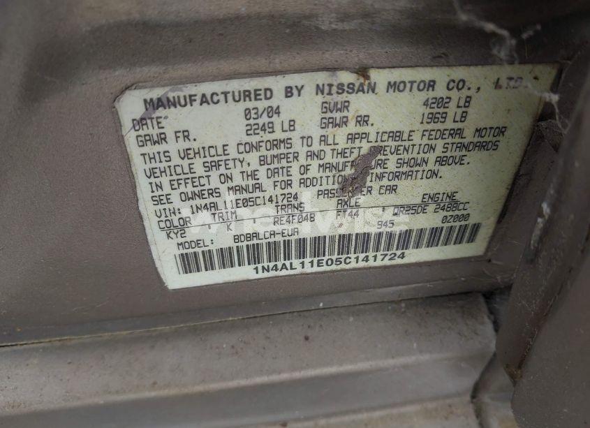 Photo 9 of 2005 Nissan Altima 2.5 S (VIN 1N4AL11E05C141724)