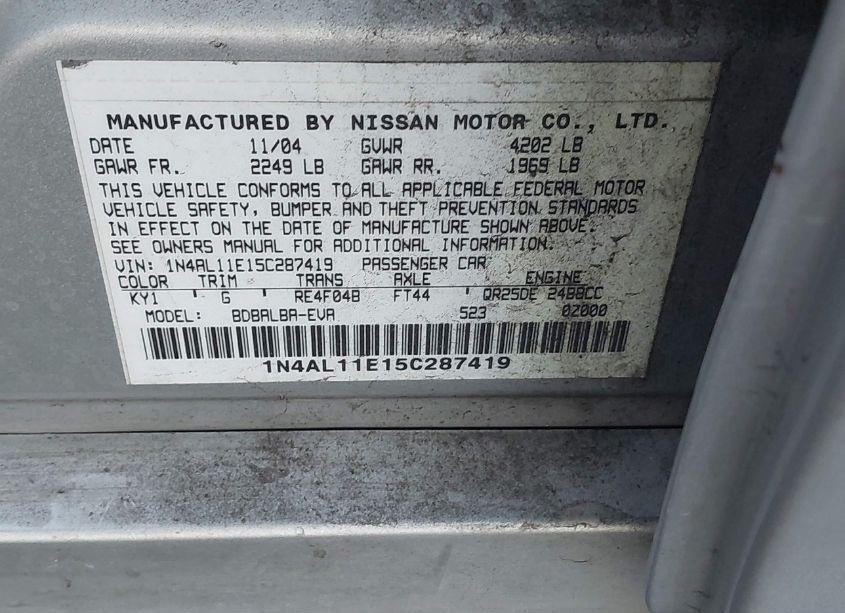 Photo 9 of 2005 Nissan Altima 2.5 S (VIN 1N4AL11E15C287419)