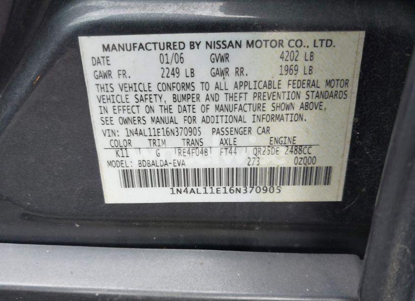 Photo 9 of 2006 Nissan Altima 2.5 S (VIN 1N4AL11E16N370905)