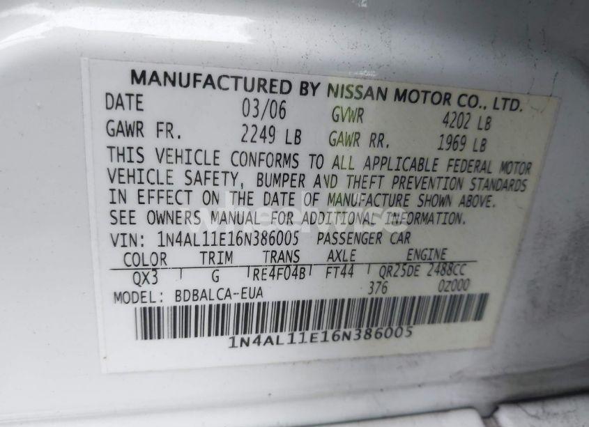 Photo 9 of 2006 Nissan Altima 2.5 S (VIN 1N4AL11E16N386005)