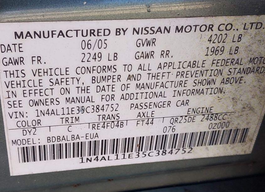 Photo 9 of 2005 Nissan Altima 2.5 S (VIN 1N4AL11E35C384752)