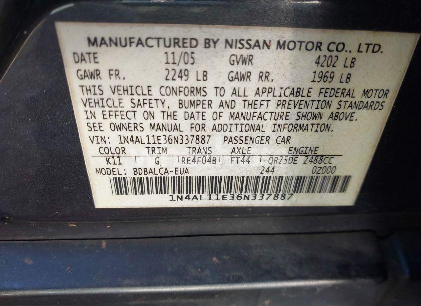Photo 9 of 2006 Nissan Altima 2.5 S (VIN 1N4AL11E36N337887)