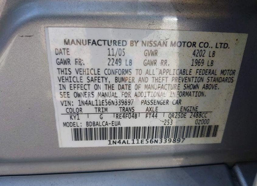 Photo 9 of 2006 Nissan Altima 2.5 S (VIN 1N4AL11E56N339897)