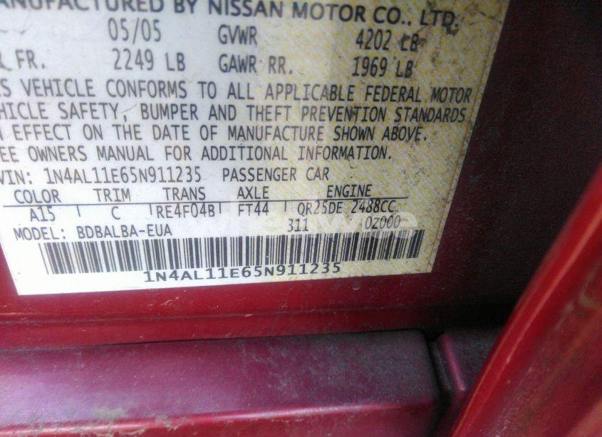 Photo 9 of 2005 Nissan Altima 2.5 S (VIN 1N4AL11E65N911235)