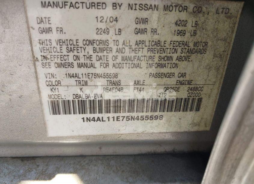 Photo 9 of 2005 Nissan Altima 2.5 S (VIN 1N4AL11E75N455598)