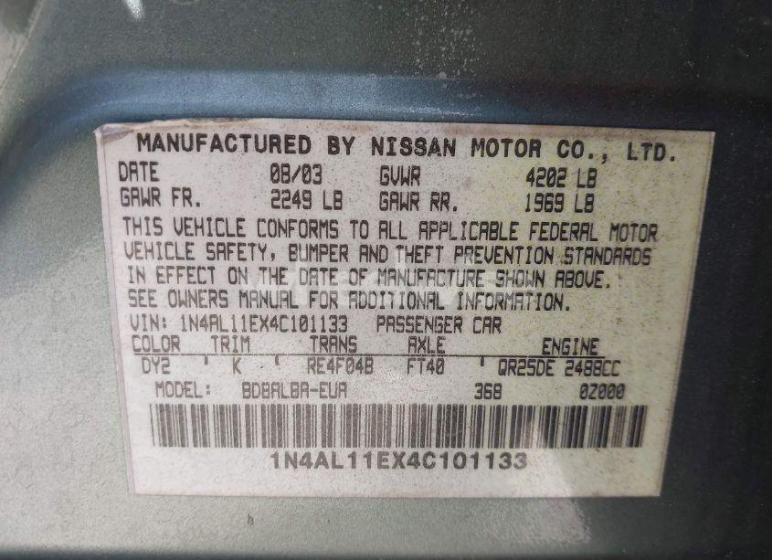 Photo 9 of 2004 Nissan Altima 2.5 S (VIN 1N4AL11EX4C101133)