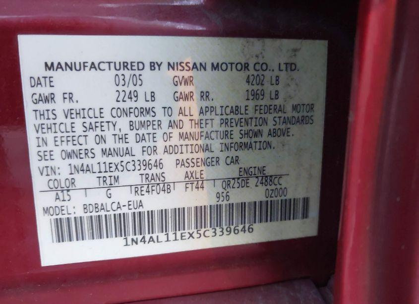 Photo 9 of 2005 Nissan Altima 2.5 S (VIN 1N4AL11EX5C339646)