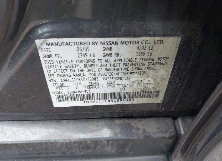 Photo 9 of 2005 Nissan Altima 2.5 S (VIN 1N4AL11EX5C386983)