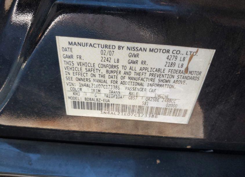 Photo 9 of 2007 Nissan Altima (VIN 1N4AL21E07C173386)