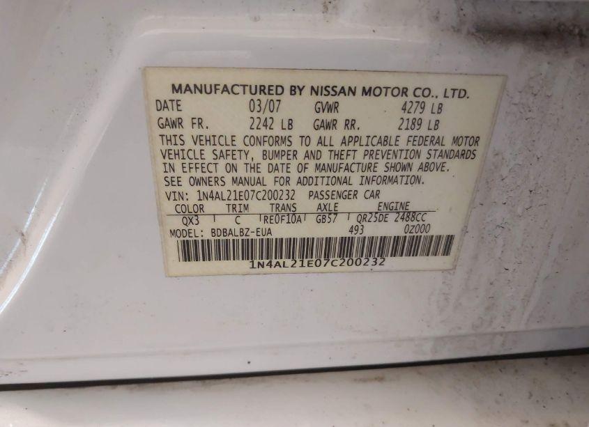 Photo 9 of 2007 Nissan Altima 2.5 S (VIN 1N4AL21E07C200232)