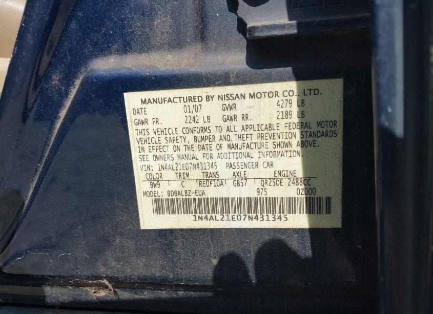 Photo 9 of 2007 Nissan Altima 2.5 S (VIN 1N4AL21E07N431345)