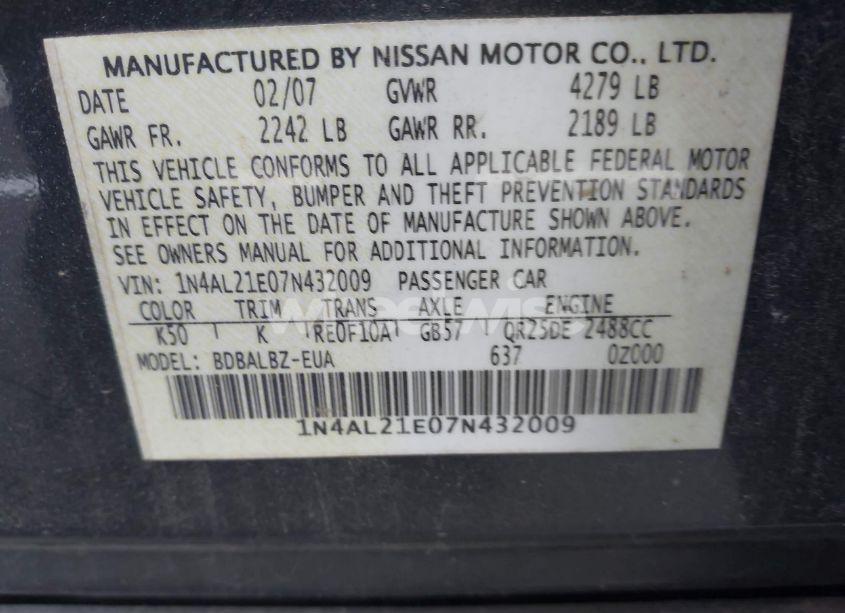 Photo 9 of 2007 Nissan Altima 2.5 S (VIN 1N4AL21E07N432009)