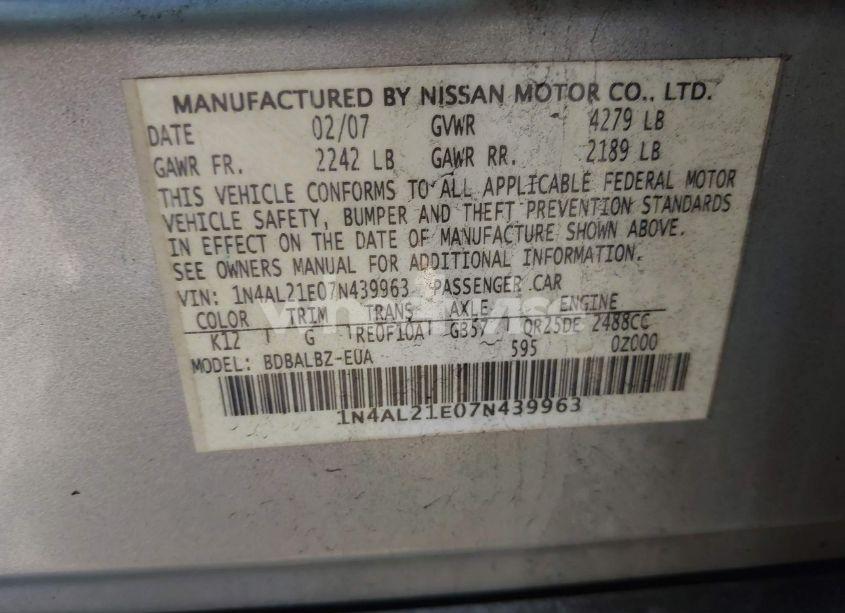 Photo 9 of 2007 Nissan Altima 2.5 S (VIN 1N4AL21E07N439963)